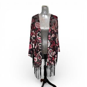 Burnout Velvet Whimsigoth Fringe Duster Kimono Large Sheer Floral Paisley Boho